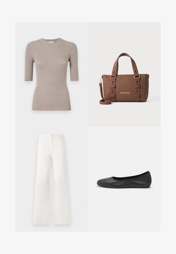 Beige ribbad stickad tröja med korta ärmar och rund halsringning. Har en figurnära passform och mjuk textur. Inga mönster eller detaljer.; Vita, högmidjade jeans med vida ben i denim. Har en knappstängning, två framfickor och sidsömmar med stickningsdetaljer.; Svart läderballerinaskor med rund tå, slät yta, minimala söm detaljer och en flexibel sula.; Brun Love Moschino-handväska med dubbelhandtag, justerbar axelrem och detaljer i guldton på en enfärgad bakgrund.
