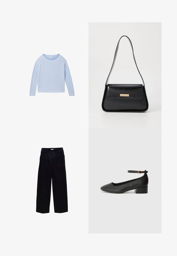 TOM TAILOR Jersey de punto - blue bubble knit structure; Pantalones de pana de pierna ancha en azul marino con corte recto, pliegues frontales y una textura sutil. Presentan trabillas para el cinturón y cremallera de metal.; Zapato de tacón negro de cuero con punta afilada y tacón bajo cuadrado. Presenta una correa para el tobillo con una hebilla en tono dorado. Textura suave.; Bolso de mano de cuero negro con una forma triangular estructurada, correa delgada y herrajes en tono dorado que presentan una placa de logo en la solapa frontal.