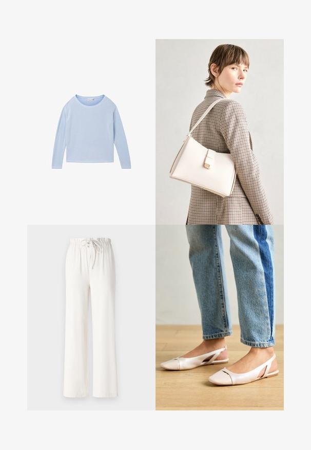 TOM TAILOR Pulóver - blue bubble knit structure; Fehér, bőszárú nadrág, puha anyagból készült, húzózsinóros derékkal és sima felülettel. Nincsenek rajta minták vagy díszítések.; Világos rózsaszín slingback laposlábú cipők, hegyes orral, sima bőrhatású anyagból készült. Oldalt kivágott részletek találhatók rajta, valamint lapos sarkú.; Fehér bőr táska strukturált dizájnnal, mágneses záródással és vállpánttal, semleges háttér előtt bemutatva.
