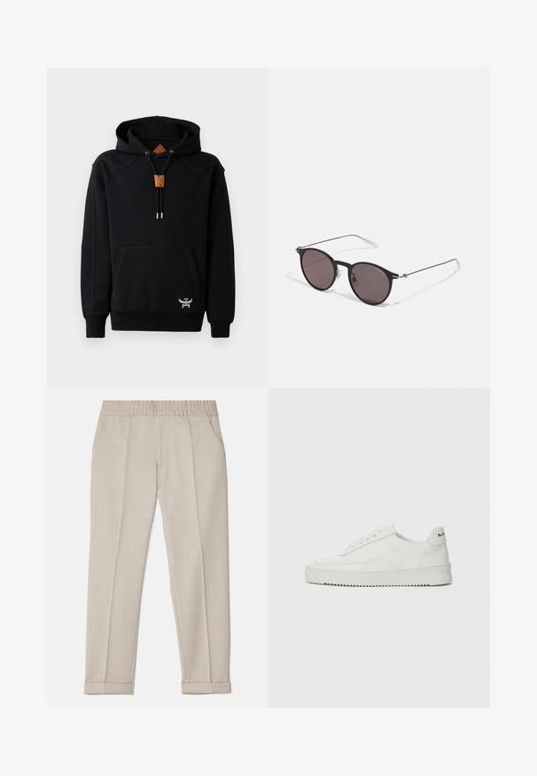 Black hoodie made of cotton blend, featuring a kangaroo pocket, orange stitching, wooden cord holder, and embroidered logo detail at hem.; Filippa K TERRY CROPPED TROUSERS - Trousers - sage melange; White leather sneaker with a smooth finish, round toe, flat laces, and a textured sole. Features a subtle logo on the heel.; Black round sunglasses with dark lenses and slim metal arms. Includes clear temple tips and silver accents at the hinge. Minimalist design.