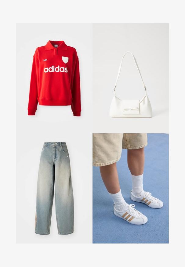 Sweatshirt vermelho com gola, logotipo "adidas" branco na frente e um emblema branco. Apresenta um emblema adidas azul no ombro.; Jenas de perna larga em denim azul claro com um acabamento desbotado. Apresenta bolsos frontais, fecho de botão e um logotipo discreto na cintura.; Tênis brancos com três listras douradas, design de cadarços, sola de borracha, usados com meias brancas caneladas e calções bege sobre uma superfície azul.; Mala sintética branca com formato triangular, aba frontal plana e detalhe de laço, alça ajustável, textura suave e design minimalista.
