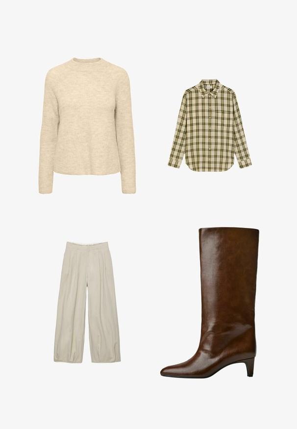 Beige Strickpullover mit weicher Textur, rundem Halsausschnitt und langen Ärmeln. Einfaches Design ohne sichtbare Muster oder Akzente.; Hemd in Creme mit grün-braunem karierten Muster. Mit klassischem Kragen und langen Ärmeln, sowie einer einzelnen Tasche auf der linken Brust.; Beige weit geschnittene Hosen mit einer strukturierten Oberfläche, die vorne Falten und einen taillierten Bund aufweisen. Keine sichtbaren Verschlüsse oder Taschen.; Braune Lederstiefel bis zum Knie mit spitzem Zehen und schmalem Absatz, die eine glatte Textur und ein einfaches Design aufweisen.