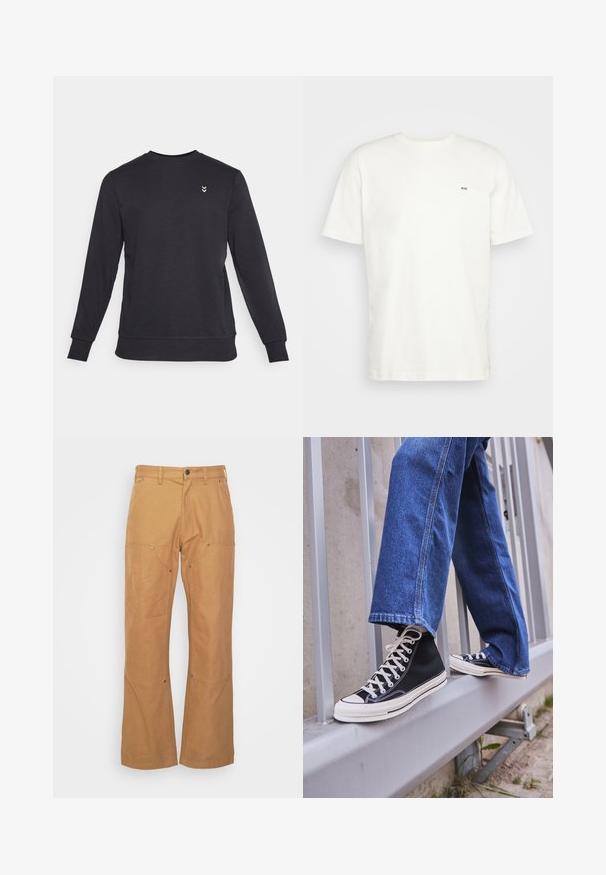 Felpa nera con collo a giro realizzata in morbido tessuto, con maniche lunghe e polsini a costine. Piccolo logo bianco sul petto.; T-shirt bianca in cotone con scollatura rotonda, maniche corte e un piccolo logo nero "W.W." sul lato sinistro del petto. Tessuto liscio, vestibilità regolare.; Pantaloni cargo marroni realizzati in tessuto resistente, con tasche laterali, dettagli in metallo, gamba dritta e vita regolare.; Scarpe da ginnastica nere alte con suola e lacci bianchi, abbinate a jeans di denim blu larghi, appoggiate su un parapetto grigio.