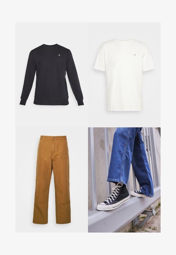 Sweatshirt noir à col rond en tissu doux, avec des manches longues et des poignets côtelés. Petit logo blanc au niveau de la poitrine.; T-shirt en coton blanc avec encolure ras du cou, manches courtes et un petit logo noir "W.W." sur la poitrine gauche. Texture douce, coupe régulière.; Pantalons utilitaires en coton marron avec une coupe droite, dotés de poches avant et d'accents en métal pour une durabilité accrue.; Baskets montantes noires avec semelle et lacets blancs, associées à un jean en denim bleu décontracté, reposant sur un garde-corps gris.
