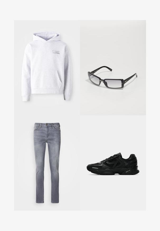 Grå hettegenser laget av mykt stoff, med kengurulomme, ribbede mansjetter, justerbar hette og en logo på brystet.; Lys grå denimjeans med rett snitt, har fem lommer, messing knappelukking og subtil falming på beina.; Svart idrettssko med teksturert overdel, reflekterende detaljer og polstrede såler. Har snørebånd og merkevarenavn på siden.; Svarte rektangulære solbriller med gradientlinser, med en tykk ramme og metallaksenter på armene. Jevn tekstur gjennom hele.