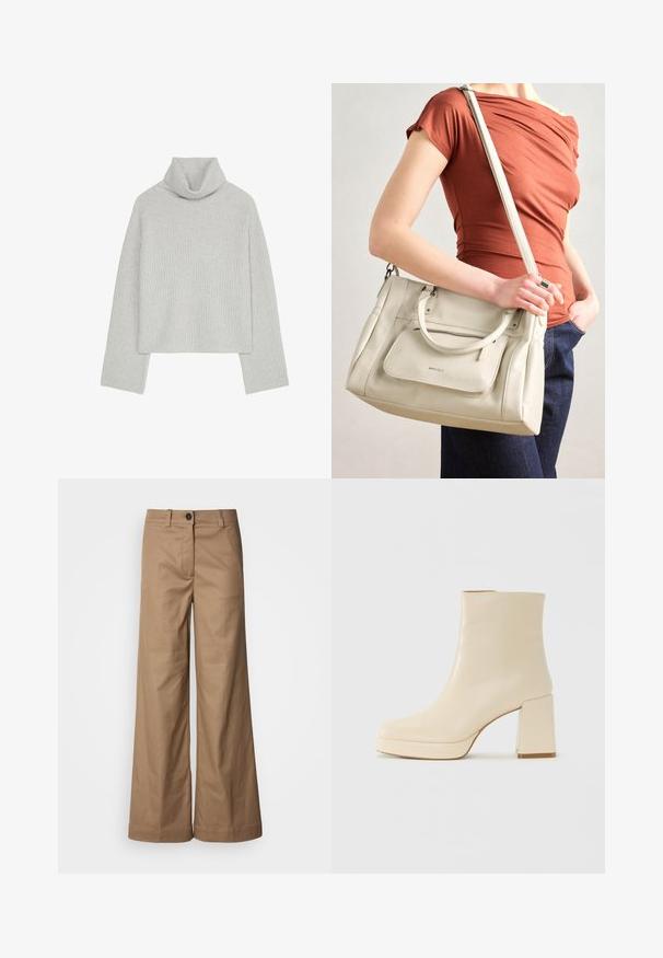 Heled hall, ribadegatus kaelusega sviiter pikkade varrukatega ja lõdva istuvusega. Kootud tekstuur on pehme ja krae on volditud.; Laiad püksid, valmistatud siledast helepruunist kangast. Omavad eesmine nupukoht, vöökohad ja küljetaskud. Puhtad jooned, ilma nähtavate mustriteta.; Beige nahkaste kõrged saapad plokknõelaga ja platvormpõhjaga, siledat viimistlust ja kergelt ruudukujulist varvatoe, vasakul valgel taustal.; Valge nahast käekott kahe käepidemega ja eemaldatava rihmaga, millel on eesmine lukuga tasku ja sile tekstuur. Kandub inimese käe peal.