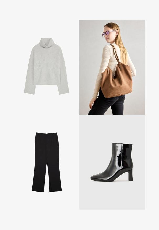 Ljust grå, ribbad polotröja med långa ärmar och en avslappnad passform. Det stickade tyget är mjukt, och kragen är femlad.; Svarta byxor med rak passform, utrustade med framfickor och sidoklyvningar vid fållen. Tillverkade av mjukt, slätt tyg. Lämpliga för olika tillfällen.; Svart lackläder ankelboot med spetsig tå och en medelhög klack. Slät textur och minimalistisk design.; Brun mocka toteväska med mjuk textur, stor öppning och långa axelremmar. Har en enkel design med synliga sömmar och ingen hårdvara.