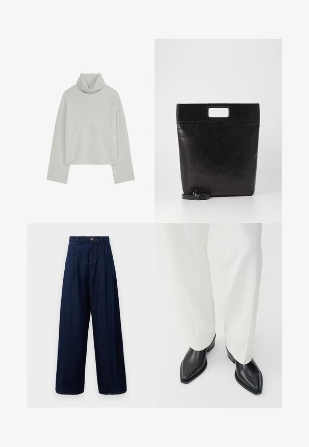 Hellgrauer, gerippter Rollkragenpullover mit langen Ärmeln und lockerer Passform. Die Stricktextur ist weich, und der Kragen ist umgeschlagen.; Dunkelblaue Denim-Hosen mit weitem Bein und hoher Taille, mit gefaltetem Vorderteil und klassischem Knopfverschluss, seitlichen Taschen und kontrastierender Naht.; Schwarze spitz zulaufende Stiefeletten aus glattem Leder mit flachen Blockabsätzen, kombiniert mit weißen, weiten Hosen. Schlichtes und modernes Design.; Schwarze Leder-Tote-Tasche mit einem quadratischen Griff, ausgestattet mit einer strukturierten Oberfläche und geprägtem Logo. Inklusive abnehmbarem Tragegurt.
