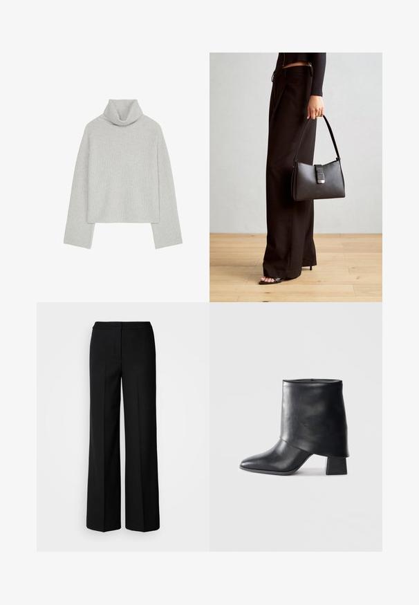 Lys grå, ribbet genser med høy hals, lange ermer og en avslappet passform. Strikket strukturen er myk, og kragen er brettet.; Svarte vide bukser med et glatt stoff, med høy livvidde, skreddersydde sømmer og et minimalistisk design. Ingen synlig maskinvare eller lommer.; Sorte lær ankle boot med spiss tå, glatt tekstur og en strukturert blokkhæl. Har et høyt, brettet mansjett-design.; Svart håndveske med strukturert form, jevn tekstur og metallisk lås. Kombinert med brede svarte bukser og sandaler med åpen tå på tregulv.