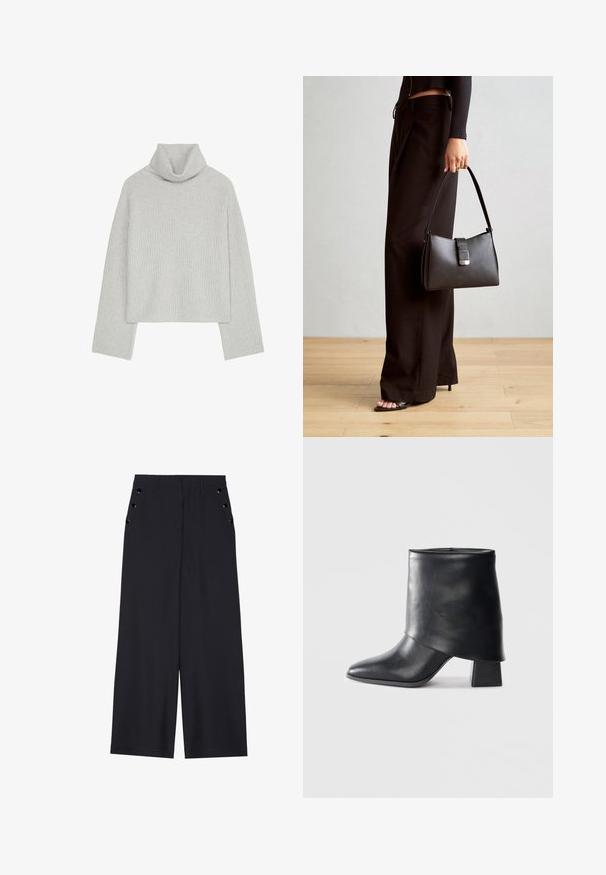 Gai pelēks, ribotas, ar garām piedurknēm un brīvu piegājienu. Adītais audums ir mīksts, un apkakle ir salocīta.; Platīsara bikses tumši zilā audumā, kurām ir gluda tekstūra, priekšējie kroki un dekoratīvi zeltaini acs pie sānu kabatām.; Melnas ādas potītes zābaki ar norādītu purngalu, gludu tekstūru un strukturētu blokveida papēdi. Iezīmē augstu, salocītu apkakles dizainu.; Melnā somiņa ar strukturētu formu, gludu tekstūru un metālu sprādzi. Saskaņota ar platām melnām biksēm un sandālēm ar atvērtu purngalu uz koka grīdas.