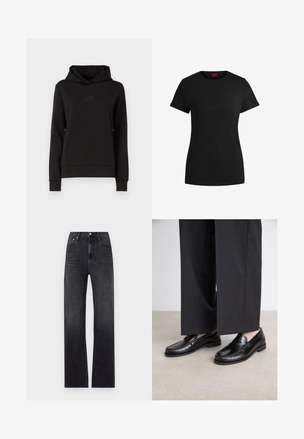 Felpa nera con cappuccio realizzata in tessuto liscio, dotata di cappuccio regolabile, polsini a coste e logo CK tono su tono sul petto.; T-shirt in cotone nero con maniche corte arrotolate, scollatura rotonda e etichetta rossa. Texture liscia, forma aderente con dettagli minimi.; Jeans neri dritti realizzati in denim, con vita alta, cinque tasche e zip con chiusura a bottone. Lavaggio leggermente sbiadito.; Mocassini in pelle nera con una finitura liscia, dettagli cuciti attorno alla punta e suola in gomma bassa. Abbinati a pantaloni neri larghi.