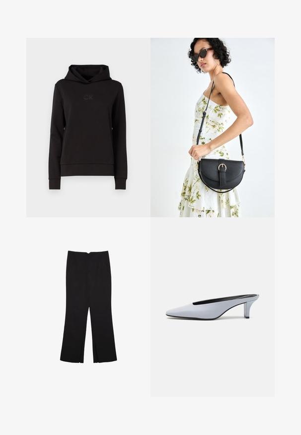 Schwarze Kapuzenjacke aus glattem Stoff, mit Kordelzugkapuze, gerippten Bündchen und einem tonal gehaltenen CK-Logo auf der Brust.; Schwarze Hose mit geradem Schnitt, ausgestattet mit Fronttaschen und Seitenschlitzen am Saum. Hergestellt aus weichem, glattem Stoff. Geeignet für verschiedene Anlässe.; Helles blaues Lackleder-Mule mit spitzem Zehenbereich, niedrigem transparentem Absatz und einem eleganten Design, das einen Ausschnitt im Vorderblatt aufweist.; Schwarze Lederhandtasche mit geschwungener Form, abnehmbarem Tragegurt und goldenen Beschlägen. Die Tasche verfügt über einen Deckel mit einer Schnallen-Details.