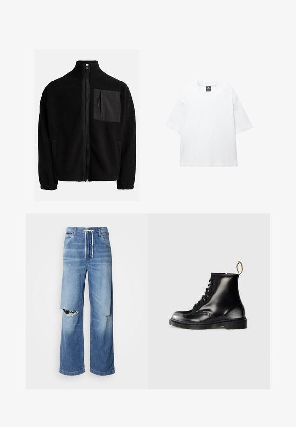 Giacca nera con zip realizzata in pile testurizzato, dotata di una tasca sul petto sinistro con materiale a contrasto e tasche laterali.; T-shirt bianco a maniche corte in cotone, con scollatura rotonda e vestibilità rilassata con orlo dritto. Nessun motivo o decorazione.; Jeans in denim blu chiaro con una vestibilità morbida, dotati di un cinturino bianco con lacci e distinti strappi sulla parte anteriore, che mostrano bordi sfilacciati.; Stivali neri in pelle fino alla caviglia con una finitura lucida, otto asole, lacci neri e un manico. Presentano una suola a carrarmato texturizzata.