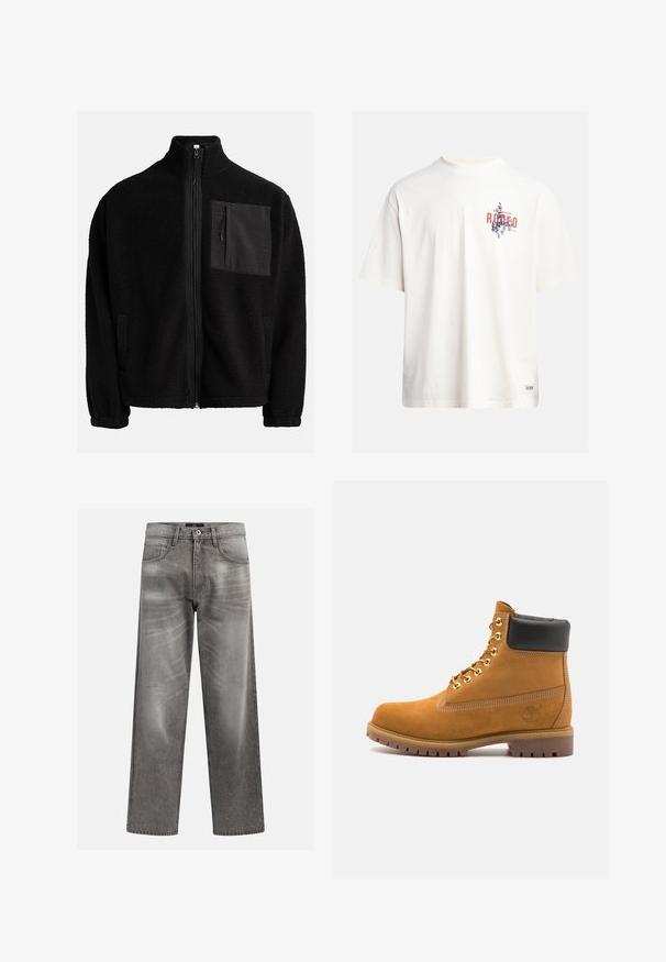 Giacca nera con zip realizzata in pile testurizzato, dotata di una tasca sul petto sinistro con materiale a contrasto e tasche laterali.; T-shirt in cotone crema con maniche corte e scollatura a girocollo. Presenta una stampa grafica in blu e rosso con testo e un motivo.; Jeans in denim grigio a vestibilità ampia, con dettagli di whiskering e scoloritura, design classico a cinque tasche e chiusura con bottone.; Stivale alla caviglia in suede tan con collare imbottito nero, occhielli in metallo dorato, dettagli in cucitura bianca e suola in gomma robusta con battistrada pronunciato.