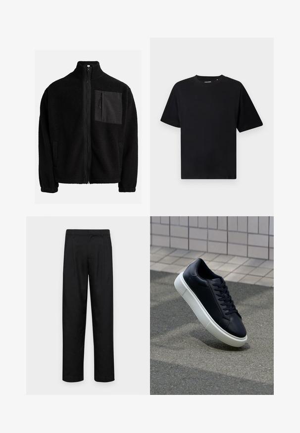 Zwarte, ritsjack gemaakt van getextureerde fleece, met een linkse borstzak van contrasterend materiaal en zijzakken.; Zwarte T-shirt met korte mouwen en ronde hals in een relaxed fit, weergegeven op een witte achtergrond.; Zwarte broeken van gladde stof, met een recht model, twee voorknikken en een standaard tailleband met riemlussen.; Zwarte leren sneaker met een ronde neus en een witte rubberen zool. Voorzien van platte veters en minimale stiksels op het bovenwerk. Textuurrijke zool voor grip.