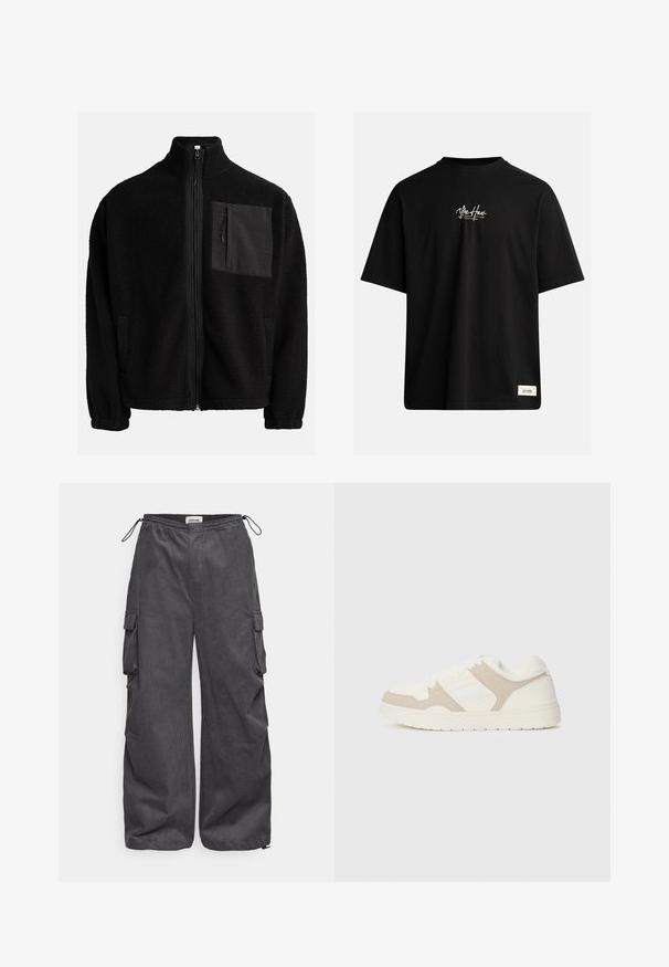 Svart, zip-up jakke laget av strukturert fleece, med en lomme på venstre bryst i kontrastmateriale og sidelommer.; Svart T-skjorte med korte ermer laget av bomull. Har en liten hvit logo på brystet og en rektangulær etikett nederst til høyre.; Grå cargo bukser med teksturert stoff, elastisk liv, snøring og sidelommer. Løs passform med vide ben.; Hvit og beige sneaker med en kombinasjon av glatt og semsket tekstur, rund tå, snøring og en flat gummisåle.