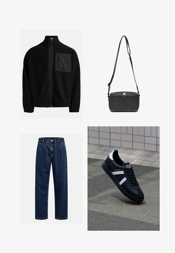Czarna, zapinana na zamek kurtka wykonana z fakturowanej frotte, z lewą kieszenią na piersi z kontrastowego materiału oraz kieszeniami bocznymi.; Granatowe dżinsy o prostym kroju nogawki. Posiada widoczne szwy, zapięcie na guzik oraz fałdy z przodu dla dodatkowego detalu.; Czarne skórzane sneakersy z białymi paskami, teksturowana gumowa podeszwa i sznurowane z przodu. Posiadają metkę marki na języku.; Czarna skórzana torba na ramię z zamkiem błyskawicznym, wytłoczone logo na przodzie i regulowanym paskiem. Gładka tekstura w prostokątnym kształcie.