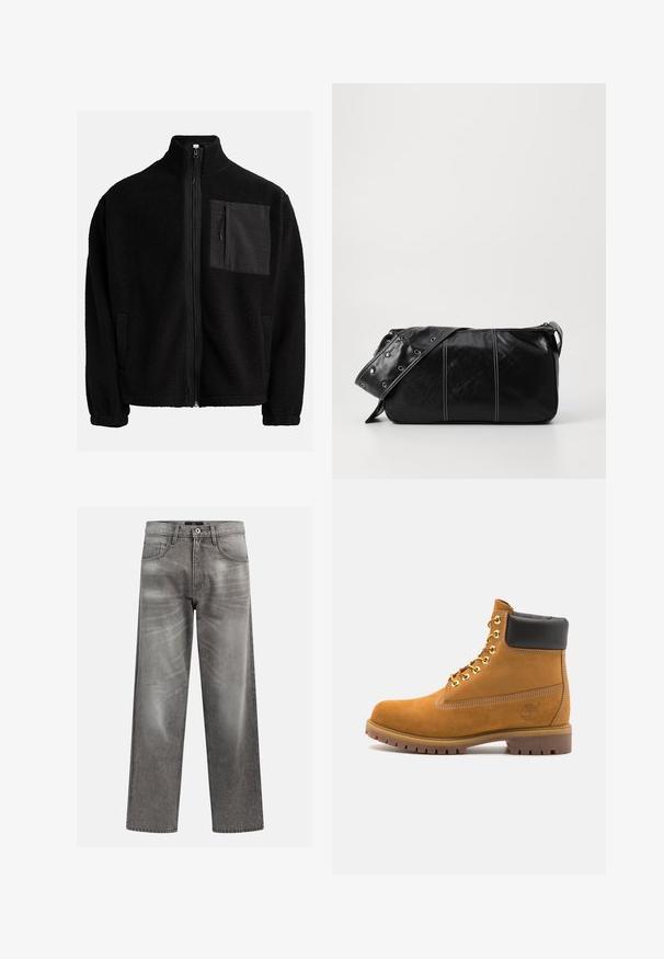 Juodas užtrauktukas striukė, pagaminta iš tekstūruoto fliso, su kairiuoju krūtinės kišeniu, nudažytu kontrastinga medžiaga, ir šoninėmis kišenėmis.; Pilkos džinsinės kelnės su laisvu siluetu, turinčios plaukų ir išblukimo detalių, klasikinis penkių kišenių dizainas ir mygtukų uždarymas.; Tan spalvą turintys suknelės batus iki kulkšnies su juodu paminkštintu apvadu, auksiniais metaliniais akių užsegimais, baltais siūlų dekoratyviniais elementais ir tvirtu guminiu padu su ryškiai išreikštais raštais.; Juodas odinis pečių krepšys su užtrauktuku, turintis tekstūruotą paviršių, baltą siuvinėjimą ir dirželį su sidabinėmis metalinėmis detalėmis.