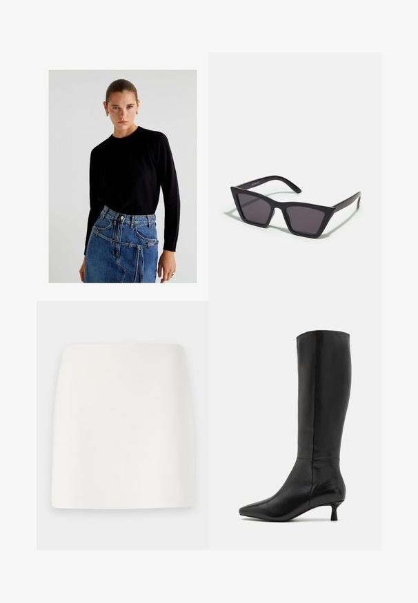Scalpers Svetr - black; Bílá, přiléhavá minisukně s hladkým povrchem a čistými liniemi. Bez viditelných vzorů nebo kovových prvků. Rovný lem na spodním okraji.; Zign Vysoká obuv - black; Černé, ostré sluneční brýle s šedými skly; vyrobené z plastu, s mohutnými rameny a hladkým povrchem bez viditelného hardwaru.; Černá semišová kabelka na ruku se zipovým uzávěrem a odnímatelným zápěstním řemínkem. Vybaveno zlatými kovovými detaily a hladkým, matným povrchem.