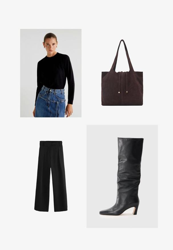 Scalpers Strickpullover - black; Schwarze weit geschnittene Hose mit hohem Bund, ausgestattet mit Falten und einer glatten, gewebten Textur. Hergestellt aus weichem Stoff für optimalen Komfort.; Schwarze Lederstiefelette mit Absatz bis zur Mitte der Wade, leicht schlaffem Schaft und spitzem Fuß auf hellem Hintergrund.; Mango Shopping Bag - dark brown