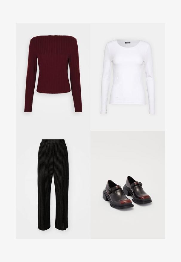 Μπορντό μπλούζα μακρυμάνικη με ριγέ υφή, ίσια λαιμόκοψη και εφαρμοστή σιλουέτα. Χωρίς ραφές στους καρπούς και το στρίφωμα.; Λευκή ριγέ μπλούζα μακρυμάνικη με στρογγυλή λαιμόκοψη. Κατασκευασμένη από ελαστικό ύφασμα που αγκαλιάζει το σώμα. Διαθέτει διακριτές οριζόντιες γραμμές.; Μαύροι παντελόνες με φαρδύ πόδι και λευκές κάθετες ρίγες, διαθέτοντας ελαστική μέση για άνεση και λεία, μαλακή υφή.; Δερμάτινα παπούτσια με τακούνι block σε γυαλιστερό σκούρο μπορντώ χρώμα, με λουράκι που κλείνει με αγκράφα και στρογγυλή μύτη. Υφή στην σόλα για καλύτερη πρόσφυση.