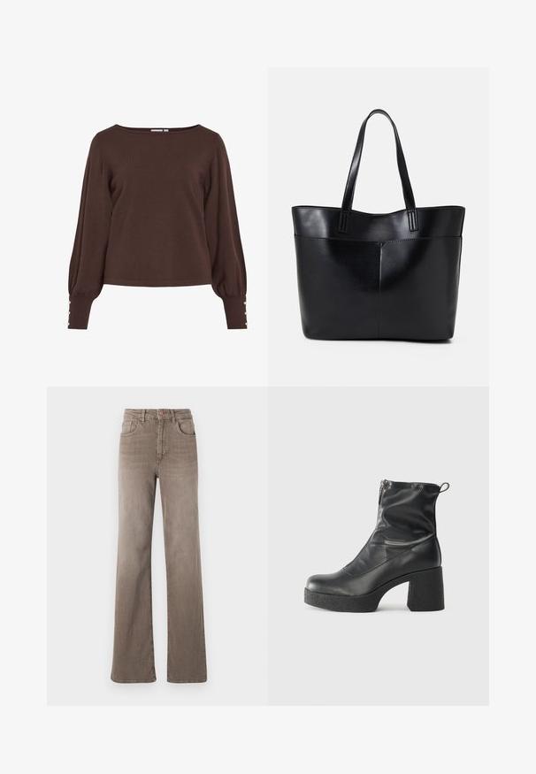 Brauner Strickpullover mit Bootsausschnitt, langen Puffärmeln und Knopfakzenten an den Bündchen. Verfügt über eine lockere Passform und eine glatte Textur.; Braune hoch taillierte Straight-Leg-Jeans mit vorderem Knopf, Gürtelschlaufen und klassischem Fünf-Taschen-Design auf weißem Hintergrund.; Schwarze Stiefeletten aus glattem Leder mit seitlichem Reißverschluss, klobigem strukturiertem Absatz und runder Zehenform.; Schwarze Leder-Shopper-Tasche mit zwei langen Griffen, einer glatten Textur und einer strukturierten Form. Verfügt über eine Vordertasche für zusätzlichen Stauraum.