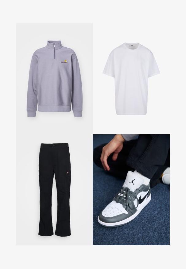 Hellblauer Pullover-Sweatshirt mit hohem Kragen, halber Reißverschluss und gerippten Bündchen. Mit Logo in Dunkelmaroon und gelben Akzenten.; Weiße Baumwoll-T-Shirt mit kurzen Ärmeln, rundem Ausschnitt, lockerer Passform und ohne sichtbare Logos oder Muster. Glatte Textur und minimalistisches Design.; Schwarze Cargo-Hose mit geradem Bein, aus strapazierfähigem Stoff gefertigt, mit Seitentaschen und einem aufgenähten Logo auf der linken Seite.; Nike Air Jordan 1 Sneakers aus weißem und grauem Leder, mit einem schwarzen Logo, perforierter Zehenpartie und flachen grauen Schnürsenkeln.