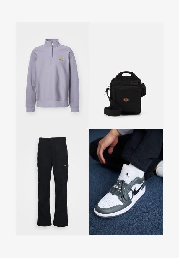 Jasnofioletowy sweter z wysokim kołnierzem, zamek błyskawiczny na pół długości i ryflowane mankiety. Posiada logo w ciemnym burgundzie i żółte akcenty.; Czarne spodnie cargo z prostym krojem, wykonane z wytrzymałego materiału, z bocznymi kieszeniami i naszywką z logo po lewej stronie.; Sneakers Nike Air Jordan 1 w białej i szarej skórze, z czarnym logo, perforowanym noskiem i płaskimi szarymi sznurowadłami.; Czarna torebka na ramię z zamkiem błyskawicznym, prostokątna, wykonana z tkaniny, z naszywką logo z przodu, z regulowanym paskiem na ramię.