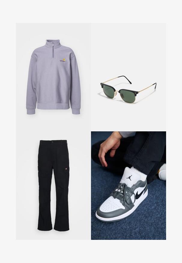 Lys lilla sweatshirt med høj krave, halvlukning og ribbede manchetter. Har logo i mørk maroon og gule detaljer.; Sorte cargo bukser med lige ben-design, fremstillet af slidstærkt stof, med sidelommer og et patch-logo på venstre side.; Nike Air Jordan 1 sneakers i hvidt og grå læder, med et sort logo, perforeret tå og flade grå snørebånd.; Solsikker med grønne linser, sort plastisk overramme, guld metal accenter og slanke sorte stelarme. Har et karakteristisk brodesign.
