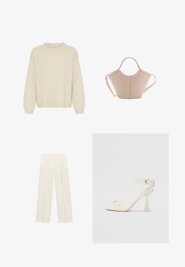Helles beiges Sweatshirt aus weichem Strickstoff, mit Rundhalsausschnitt, überschnittenen Schultern und geripptem Saum sowie Bündchen. Keine Muster oder Akzente.; Weit geschnittene Hosen in einem hellen cremefarbenen Farbton. Hergestellt aus einem glatten Stoff mit Falten an der Vorderseite und seitlichen Taschen.; Sandaletten aus weißem Leder mit hohen Absätzen, schlankem Design, transparentem Blockabsatz und einem dekorativen Element an der Zehe.; Beige Lederhandtasche mit einer einzigartigen Form, die zwei kurze Henkel und einen langen verstellbaren Riemen aufweist. Glatte Textur mit minimalen Hardware-Elementen.