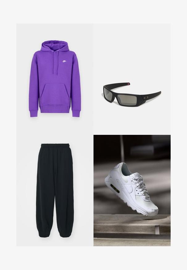 Violeta Nike kapuci ar priekšējo kabatu, virvi ap kaklu un baltu logotipu uz krūšu daļas. Izgatavots no mīksta sporta materiāla.; Melnas sporta bikses ar elastīgu jostasvietu, brīvu piegriezumu, aprocēm ap potītēm, gludu tekstūru, un bez redzamām rakstu vai aparatūras akcentiem.; Baltas Nike Air Max 90 sporta apavi ar sietu un ādas augšdaļu, caurspīdīgu pirksta daļu un redzamu gaisa vienību papēdī.; Melni saulesbrilles ar matētu apdari, taisnstūra lēcām, nedaudz izliektiem tempļiem, smalkiem logotipa elementiem un dūmu nokrāsas lēcām.