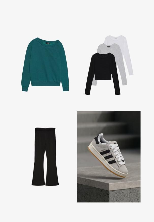Tyrkysová mikina s širokým výstrihom, dlhými rukávmi a rebrovanými manžetami. Vyrobená z mäkkej tkaniny s voľným strihom. Svetlá textúra, bez vzorov.; Tričko s dlhým rukávom v troch farbách: čiernej, sivej a bielej. Každé má okrúhly výstrih a skrátený strih vyrobený z hladkej, ľahkej tkaniny.; Čierne legíny s flared strihom vyrobené z elastického materiálu. Majú široký pás a hladkú textúru, s priliehavým siluetom, ktorý sa na okraji rozširuje.; Šedá teniska Adidas Campus s čiernymi pruhmi a bielymi šnúrkami vznášajúca sa nad betónovým múrikom so schodmi v pozadí.