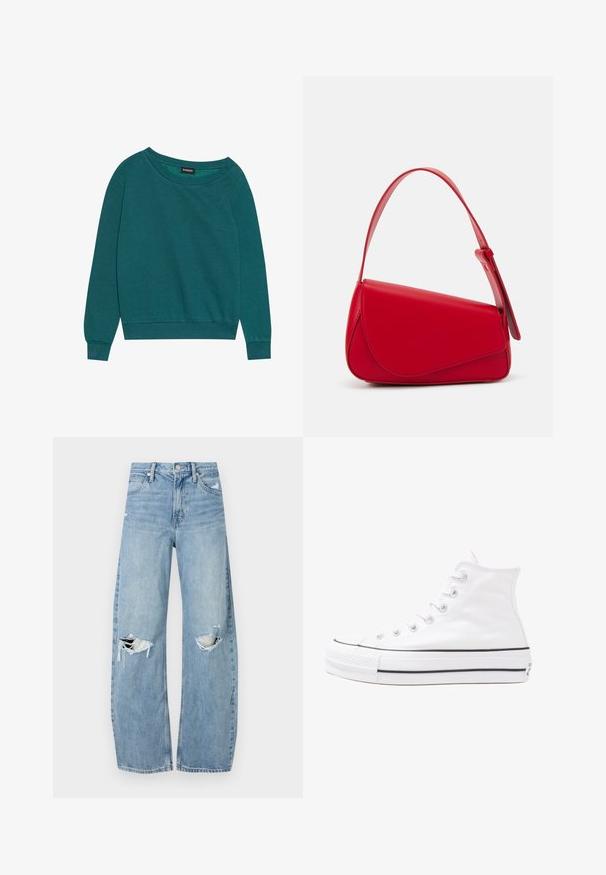 Teal genser med bred halslinje, lange ermer og ribbestrikkede mansjetter. Laget av mykt stoff med en avslappet passform. Lett tekstur, ingen mønstre.; Lyseblå høytlivsjeans laget av denim. Har vide bein, to revne knær og klassisk fem-lommers design.; Hvit høy-skinn kanvas sneakers med svart gummisåle, gummitåhette foran og seks hull for snorer, med et rent, minimalistisk design.; Rød lærveske med en vinklet, geometrisk design. Har en enkelt justerbar stropp og en klaffelukking med sydd detaljer.
