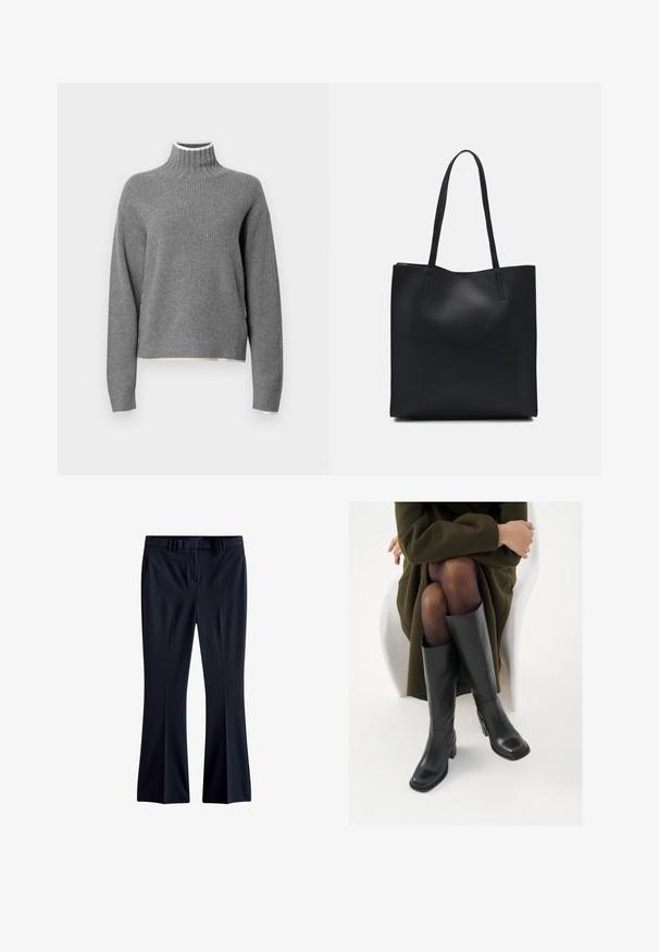 Szürke bordázott garbó pulóver hosszú ujjaival. Fehér szegéllyel rendelkezik a gallérnál és enyhén rövidített aljjal. Puha tapintású.; Sötétkék, sima anyagból készült harangszárú nadrág, övfogókkal, oldalsó zsebekkel és lapos elülső rész kialakítással. Ceruza szabású a száraknál.; Térdfelett érő fekete bőr csizmák négyzet alakú orral és tömbtalppal, olajzöld kabátban ülő modellel bemutatva. Simaság, minimalista részletezés.; Fekete bőrtáska sima felszínnel, téglalap alakú, két hosszú füllel. Nincs látható fémkiegészítő vagy díszítés.