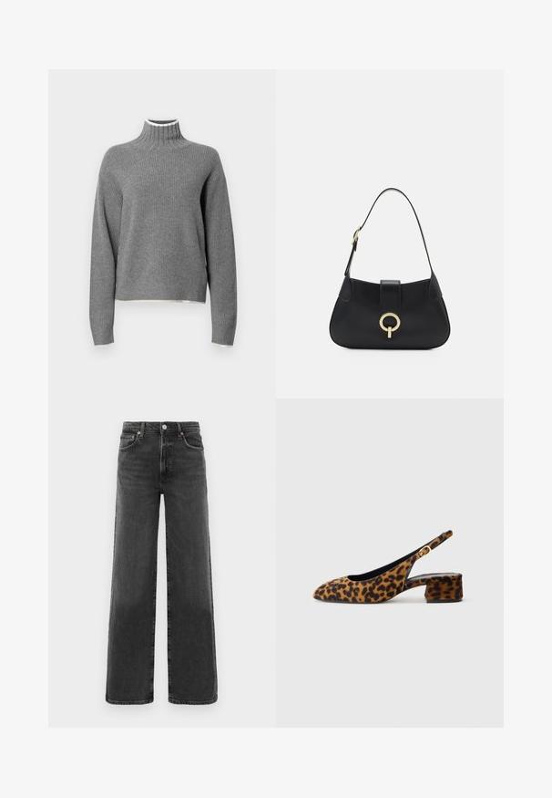 Šedý žebrovaný rolák s dlouhými rukávy. Disponuje bílým lemem kolem límce a mírně zkráceným spodním lemem. Měkká textura.; Černé džíny s vysokým pasem a rovnými nohavicemi, s předním knoflíkem a zipem, dvěma předními kapsami a dvěma zadními kapsami.; Dámské lodičky s leopardím vzorem, s nízkým blokovým podpatkem a zlatou sponou na bočním pásku, zobrazené v bočním profilu na jednoduchém pozadí.; Černá kožená kabelka s zakřiveným siluetou, krátkým popruhem, centrálním zlatým kováním a hladkým povrchem. Bez viditelných vzorů nebo akcentů.