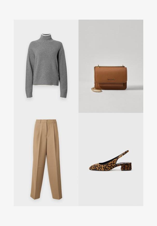 Hall griidist kätistega turtleneck-sviiter. Omab valget äärest kaeluses ja veidi lühenenud helga. Pehme tekstuur.; Beige ülihästi istuvad püksid kõrge vöökohtaga, kortsunud esiosas ja laia säärega lõikega. Kanga pind näeb välja sile ja kerge läikega.; Naiste leopardimustriga slingback-kingad madala blokkninahaga ja kuldse klambriga külgjah. Kujutatud külgprofiilis lihtsal taustal.; Pruun tekstureeritud nahk ristkeha kott kuldse ahelaga rihmaga ja klapiga sulgemine. Esiküljel on logo detail ja tasku klapi all.