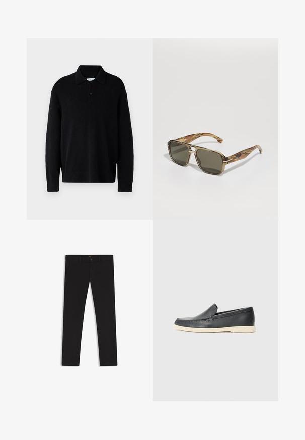 Samsøe Samsøe NINO POLO - Strickpullover - black; Schwarze Hosen aus einem Stoff mit glatter текстуре. Verfügt über einen Knopfverschluss, Gürtelschlaufen und Seitentaschen. Klassisches Design mit geradem Bein.; Schwarze Leder-Slipper mit strukturiertem Finish und einer kontrastierenden beige Gummisohle. Mit einem dezenten Akzent an der Vorderseite.; BOSS Sonnenbrille - brown