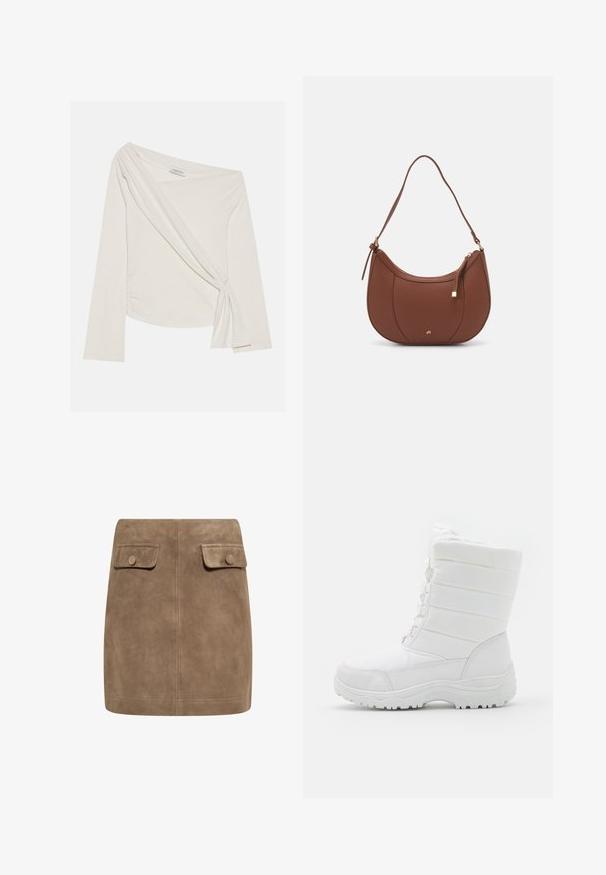 Bluză cu mâneci lungi, cu umeri descoperiți, dintr-o țesătură moale de culoare crem. Prezintă un detaliu frontal răsucit și pliere laterală pentru un siluetă ajustată.; Fustă mini din ante maro, cu o textură netedă, având două buzunare cu clapetă în față și închideri cu buton pe fiecare parte. Design simplu și drept.; Bocanci de iarnă impermeabili, albi, cu un material superior căptușit, design texturat, șnururi ajustabile și o talpă din cauciuc robustă pentru aderență.; Geantă de umăr din piele ecologică maro, cu o formă curbată, cusături minime și un accent din metal auriu. Are un închidere cu fermoar în partea de sus și o curea ajustabilă.