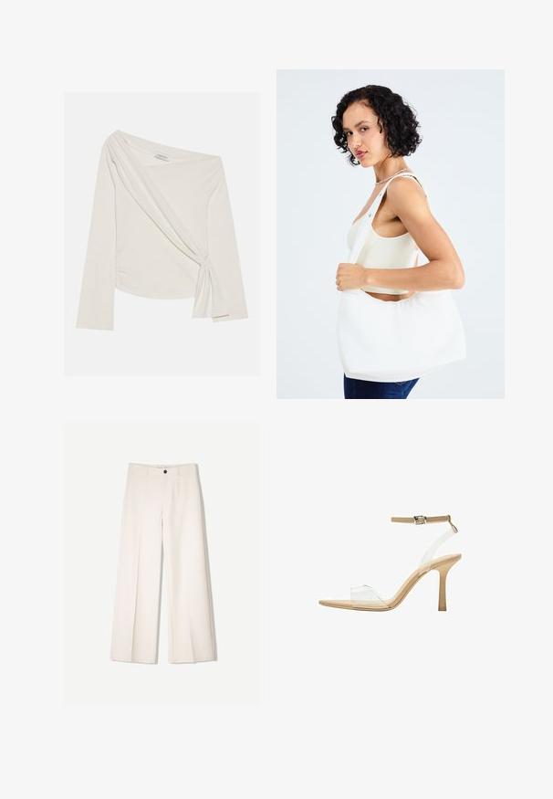 Long-sleeve, off-shoulder top in a soft, cream-colored fabric. Features a twisted front detail and side ruching for a fitted silhouette.; Cream wide-leg trousers with a tailored design, featuring two front pockets and a single front button closure, made from smooth fabric.; Clear heeled sandal with a transparent upper, beige footbed, and a slender ankle strap. Features a pointed toe and a thin high heel.; White shoulder bag made of smooth material, featuring an oval cutout and wide strap design. Simple and modern with no visible hardware.