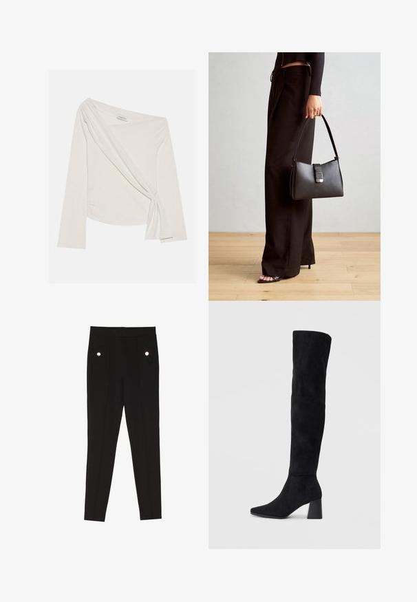 Langermet, off-shoulder topp i et mykt, kremfarget stoff. Har et vridd frontdetalj og side rynk som gir en tettsittende silhuett.; Sorte skreddersydde bukser med en glatt tekstur, som har to frontlommer med dekorative maskinvaredetaljer, og en slim-fit design.; Sorte semskede knelang støvel med blokk-heelsk, spiss tå og glatt, sømløst design på en ensfarget lys bakgrunn.; Svart håndveske med strukturert form, jevn tekstur og metallisk lås. Kombinert med brede svarte bukser og sandaler med åpen tå på tregulv.