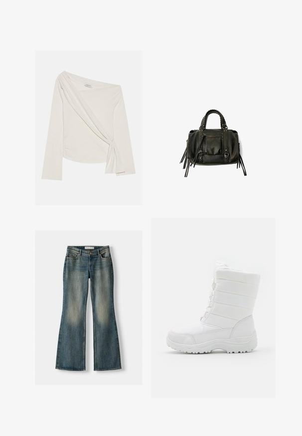 Hosszú ujjú, vállpánt nélküli blúz puha, krémszínű anyagból. Csavarodott elülső részlettel és oldalsó redőzéssel rendelkezik, amely illeszkedő sziluettet biztosít.; Kék, bővülő fazonú farmernadrág, elhasználódott mosással, öt zsebbel és gombos záródással. Az anyag denim textúrája finom varrási részletekkel rendelkezik.; Fehér vízálló téli csizmák párnázott felsőrésszel, texturált dizájnnal, állítható fűzőkkel és masszív gumi talppal a tapadás érdekében.; Fekete bőrtáska fonott füllel, cipzáras zsebbel és lógó bojtokkal. Texturált felület fém szegecsekkel és hardver díszítésekkel.