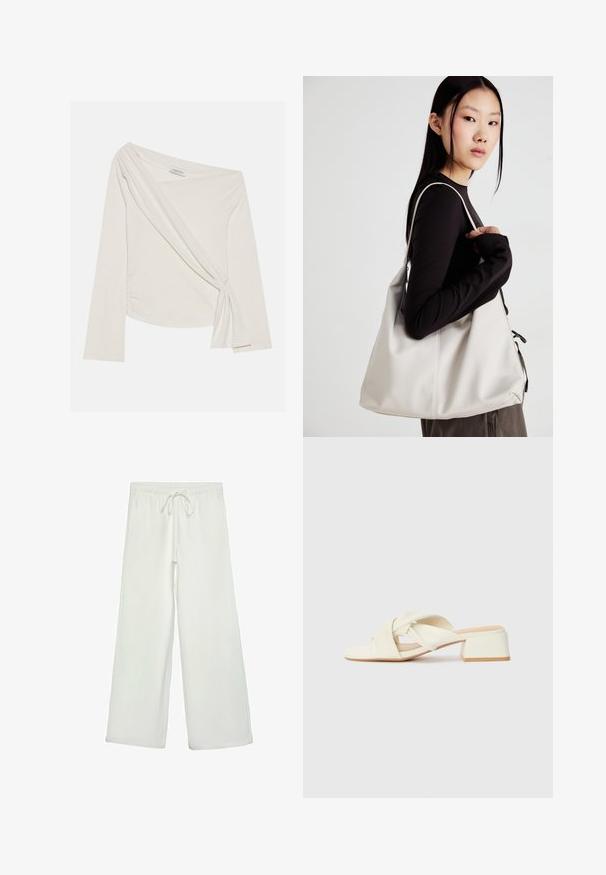Langärmeliges, schulterfreies Oberteil aus einem weichen, cremefarbenen Stoff. Besitzt ein gedrehtes Frontdetail und seitliches Raffen für eine figurbetonte Silhouette.; Weiße, weit geschnittene Hose aus weichem Stoff. Mit einem elastischen Bund und einem Kordelzug sowie einer glatten Oberfläche. Keine sichtbaren Muster oder Hardware.; Ecrufarbene Blockabsatzsandalen mit gedrehten Riemen und flachem Fußbett. Glattes synthetisches Material mit matter Oberfläche.; Beige Handtasche aus weichem Material, mit einem lässigen Design, gesteppten Details und zwei Schulterriemen. Geeignet für den täglichen Gebrauch.