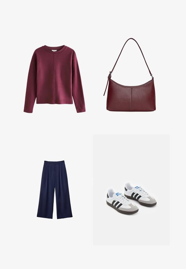 Burgundska pletena pulover s okroglo rebrasto ovratnikom, dolgimi rokavi in sproščenim prileganjem. Ima brezšivno sprednjo zasnovo in mehak tekstur.; Mornarsko modri široki hlače z naborki, gumbi v pasu in zankami za pas, prikazane na ravni beli ozadju.; Športni čevlji z belim usnjenim zgornjim delom, sivim semišem na prstih in tremi črnimi črtami. Imajo modro logo na jeziku in teksturiran gumijast podplat.; Bordo usnjeni ročni torbici s ukrivljeno obliko, enim ramenskim trakom in šivanjem na sredini. Gladka tekstura, minimum kovinskih dodatkov.