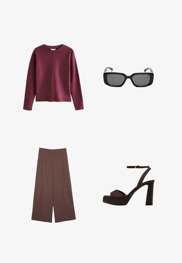 Bordeauxfarbener Strickpullover mit rundem, geripptem Halsausschnitt, langen Ärmeln und lockerer Passform. Verfügt über ein nahtloses Vorderdesign und eine weiche Textur.; Braune Weite-Leg-Hosen mit einer glatten Textur, hoher Taille und Vorderfalten. Der Stoff ist leicht und fällt locker.; Braune Wildleder-Pumps mit offenem Zeh, verstellbarem Knöchelriemen und gestreiftem Plateausohlen.; Schwarze rechteckige Sonnenbrille mit dunklen Gläsern, glattem Kunststoffrahmen und gebogenen Bügeln. Das Design ist klobig mit einer minimalistischen Ästhetik.