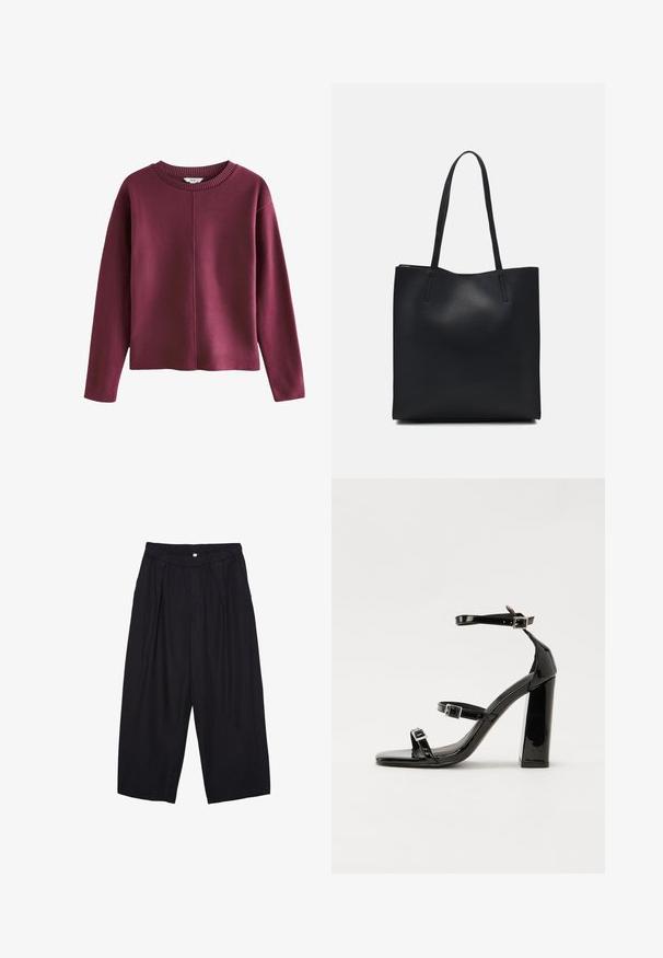 Bordo pleteni pulover s okruglim rebrastim izrezom, dugim rukavima i opuštenim krojem. Ima bešavni prednji dizajn i mekanu teksturu.; Crne poliester hlače culotte s elastičnim pojasom, dva prednja nabora i širokim krojem. Nema vidljivih uzoraka ili metalnih detalja.; Crne lakirane sandale na pete sa kvadratnim nosom, trakama oko gležnja i srebrnim kopčama. Imaju čvrst blok petu za stabilnost.; Crna kožna torba za nošenje s glatkom teksturom, pravokutnim oblikom i dvije duge ručke. Nema vidljivih metalnih dijelova ili ukrasa.
