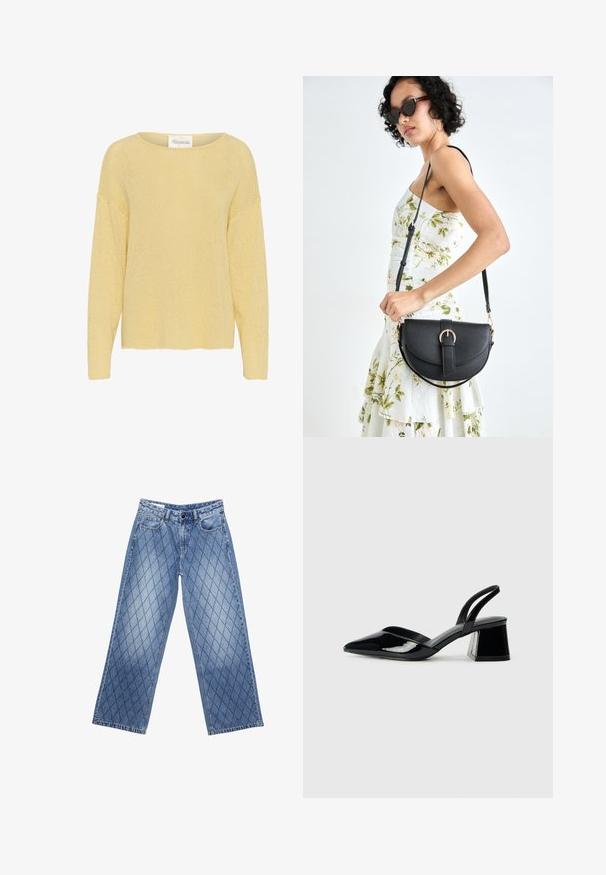 Zitronengelben Strickpullover mit lockerer Passform, weitem Ausschnitt und langen Ärmeln. Verfügt über einen strukturierten, grob gewebten Stoff und einen geraden Saum.; Weite Jeans aus Denim in Hellblau mit einem gesteppten Diamantmuster, ausgestattet mit fünf Taschen und einem Knopfverschluss an der Taille.; Schwarze Lackleder-Slingback-High Heels mit spitzem Schuh und einem geometrischen Blockabsatz. Verfügt über ein schlankes, minimalistisches Design und eine glatte Textur.; Schwarze Lederhandtasche mit geschwungener Form, abnehmbarem Tragegurt und goldenen Beschlägen. Die Tasche verfügt über einen Deckel mit einer Schnallen-Details.