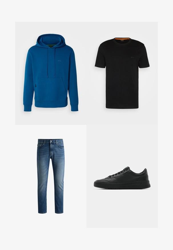 BOSS SOODY - Sweatshirt com capuz - open blue thirtyfour; T-shirt preta de manga curta feita de um tecido macio, com um decote redondo e um logo discreto na frente. A parte interior do colarinho tem um detalhe laranja.; Jeans em denim azul escuro com corte reto, design de cinco bolsos, desbotamento leve nas coxas e um único botão de fecho na cintura.; Sapatilha preta com parte superior em couro liso, bico arredondado, cadarços planos, colarinho almofadado e design minimalista. Sola de borracha com padrão de tração discreto.