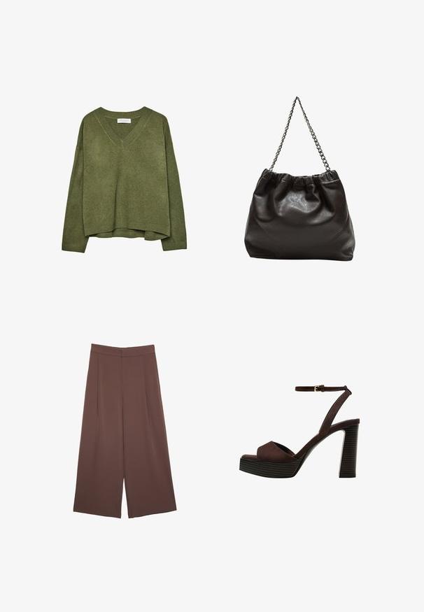 Maglione a V verde oliva lavorato a maglia con maniche lunghe e polsini e orlo a coste, vestibilità leggermente cropped.; Pantaloni ampi marroni con una texture liscia, caratterizzati da una vita alta e pieghe frontali. Il tessuto è leggero e scorre liberamente.; Sandal in camoscio marrone con tacco alto, punta aperta, cinturino alla caviglia regolabile e suola a piattaforma striata.; Borsa in pelle marrone con parte superiore arricciata e tracolla a catena. Texture liscia con finitura lucida e dettagli di cucitura sottili sui lati.