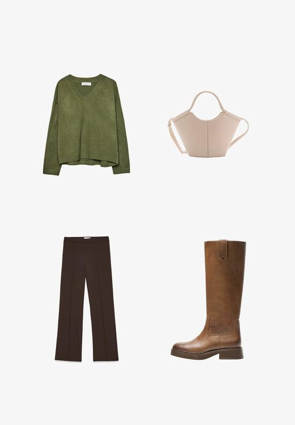Oliivivihreä V-pääntie neulepusero, jossa on pitkät hihat ja ribbireunat hihansuissa ja helman kohdalla, hieman lyhyt malli.; Ruske levele strane hlače od glatkog materijala; imaju prednje nabore i standardni pojas. Minimalistički dizajn bez vidljivih kopčanja.; Kahvipronssinen polvipituinen saapas, jossa on pyöristetty kärki, teksturoitu pinta ja matala pinoheijastin. Varressa on sivupaneeli ja vetotappi ylhäällä.; Vaaleanbeige nahkainen käsilaukku, jossa on ainutlaatuinen muoto, varustettuna kahdella lyhyellä kahvalla ja yhdellä pitkällä säädettävällä hihnalla. Sujuva pinta ja vähän metalliosia.