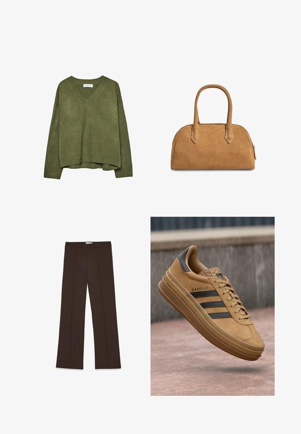 Pull en maille vert olive à col en V, avec des manches longues et des poignets et un ourlet côtelés, légèrement court.; Pantalon marron à jambes larges en tissu lisse ; présente des plis avant et une taille standard. Design minimaliste sans fermetures visibles.; Baskets en daim beige avec une texture lisse, comportant trois rayures sombres, un bout arrondi et une semelle plus épaisse avec un bord texturé.; Sac à main en suède beige avec une forme structurée, doté de deux poignées et découpes triangulaires, avec une fermeture éclair sur le dessus.